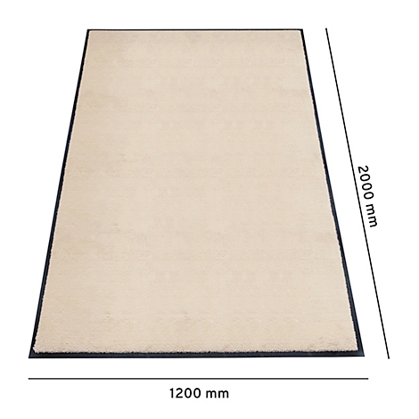 Beige tapijt, 1200 x 2000 mm met zwarte rand. Afmetingen staan aangegeven.