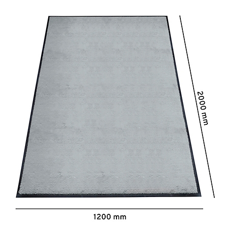 Lichtgrijs tapijt met een zwarte rand. Afmetingen: 2000 x 1200 mm.