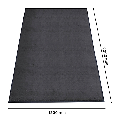Donkergrijs tapijt met afmetingen: 2000 mm x 1200 mm.