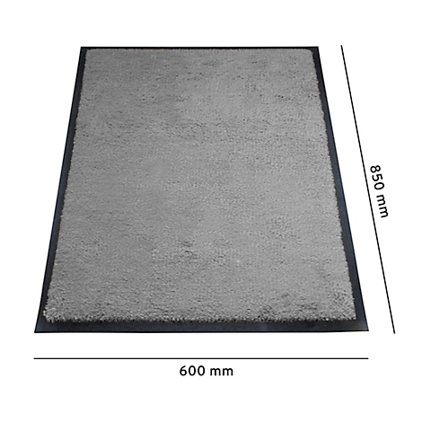 Lichtgrijze vloerkleed met donkergrijze rand, met afmetingen van 600 mm x 850 mm.