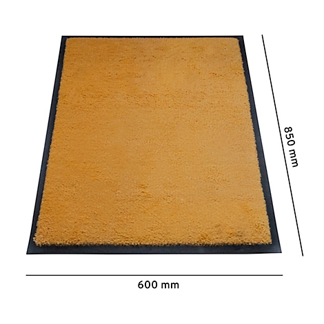 Rechthoekig geel tapijt met zwarte rand, afmetingen: 600 x 850 mm.