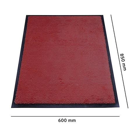 Een rechthoekig rood tapijt met zwarte randen. Afmetingen zijn 850 x 600 mm.