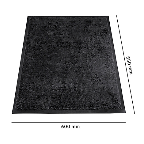 Zwarte deurmat met zwarte buitenranden, afmetingen zijn 850 mm x 600 mm.