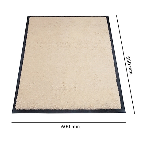 Beige tapijt met donkergrijze rand, afmetingen: 600 mm x 850 mm.