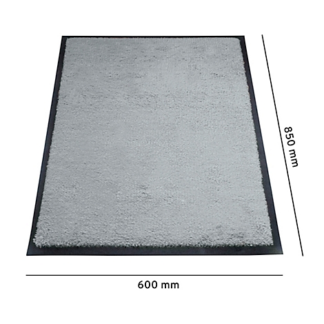 Lichtgrijze tapijt met zwarte rand. Afmetingen: 600 x 850 mm.