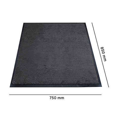 Donkergrijs tapijt met donkerblauwe rand. Afmetingen: 750 x 850 mm.