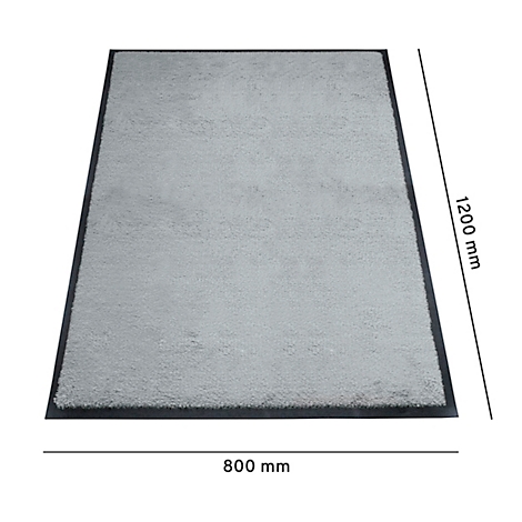Lichtgrijze tapijt met zwarte rand, afmetingen: 800 x 1200 mm.