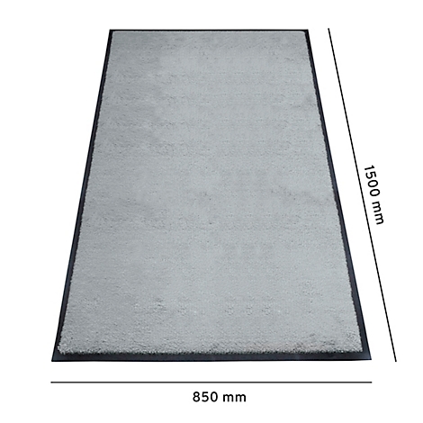 Lichtgrijs tapijt met een zwarte rand, afmetingen: 1500 x 850 mm.