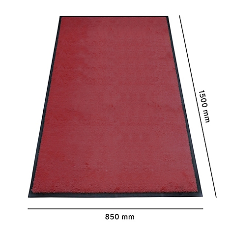 Een rechthoekig rood tapijt met een zwarte rand. Afmetingen: 850 mm x 1500 mm.