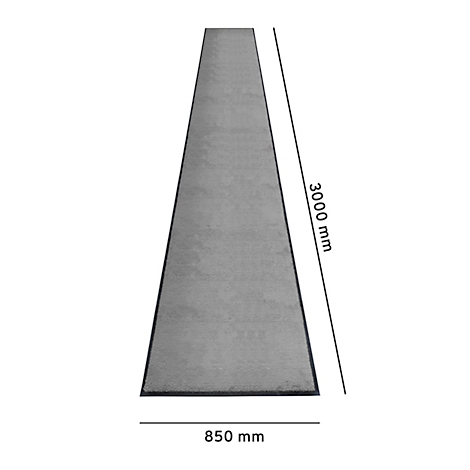 Grijze tapijtloper, bovenaanzicht, afmetingen: 3000 mm x 850 mm.