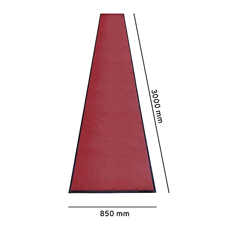 Rood tapijt met zwarte randen, 850 mm breed en 3000 mm lang.