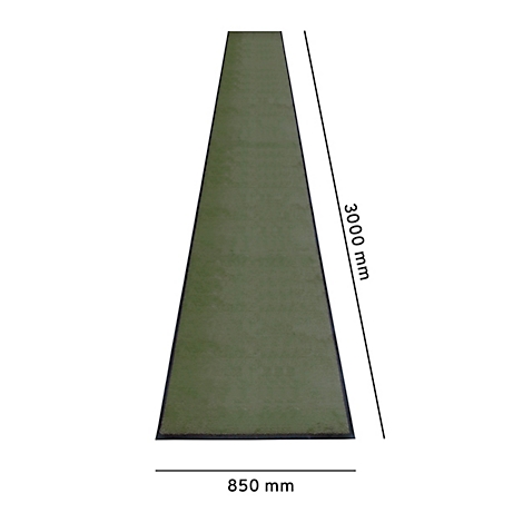 Een groene loper met zwarte randen, afmetingen: 3000 mm x 850 mm.