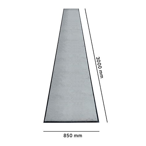 Een grijze vloerkleed met zwarte randen, 300 cm lang en 85 cm breed, op een witte achtergrond.