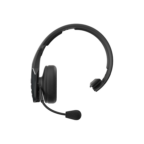 Profil d'un casque noir, microphone, serre-tÃªte, Ã©couteur.