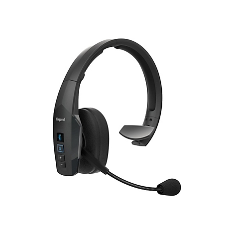 Casque noir avec microphone. Le casque est dotÃ© de boutons et d'un serre-tÃªte rÃ©glable.