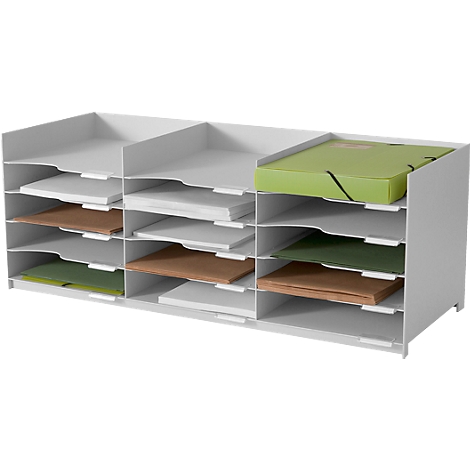 Grey, horizontal filing system with multiple compartments, filled with folders and documents.