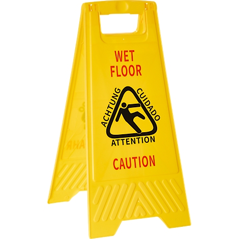 Geel waarschuwingsbord met de tekst "WET FLOOR" en een symbool voor uitglijgevaar. In meerdere talen beschreven.