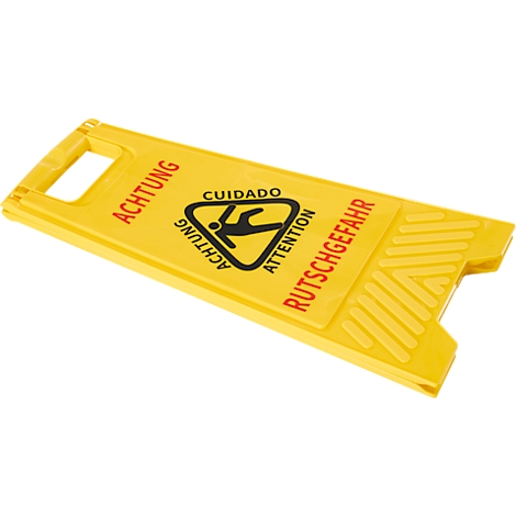 Geel waarschuwingsbord met tekst: Pas op, gladde vloer. Op het bord een persoon die uitglijdt.