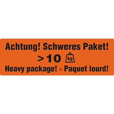 Oranje sticker met zwarte tekst. "Let op! Zwaar pakket!" Hieronder: ">10 kg". Hieronder: "Heavy package! - Paquet lourd!"