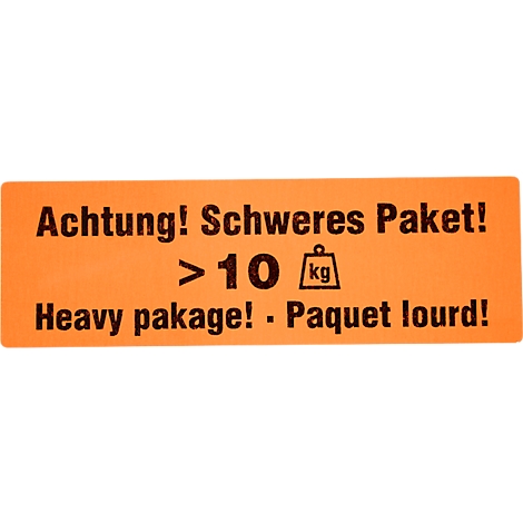 Oranje sticker met zwarte tekst: Let op! Zwaar pakket! > 10 kg. Heavy package! - Paquet lourd!