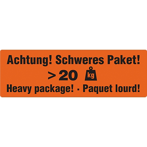 Oranje waarschuwingsbord met de tekst: "Aandacht! Zwaar pakket!" gevolgd door ">20 kg" met Engelse en Franse vertalingen.