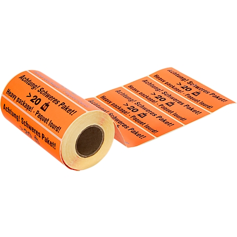 Een rol oranje stickers met de tekst 'Let op! Zwaar pakket!'.