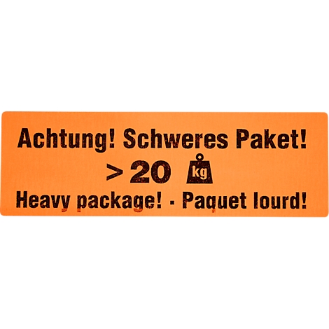 Oranje sticker met zwarte tekst: "Let op! Zwaar pakket!" en ">20 kg". Hieronder: "Heavy package! - Paquet lourd!"
