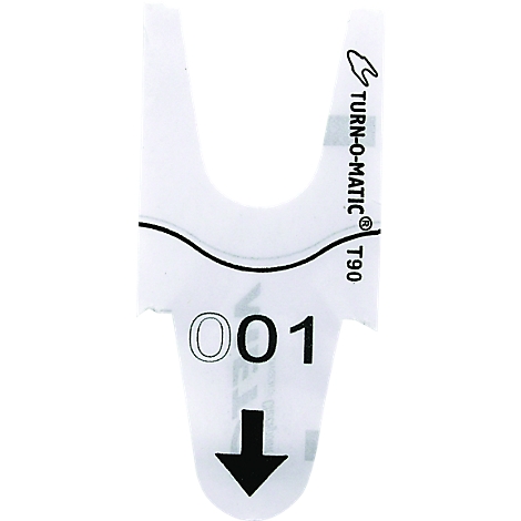 Een wit 'TURN-O-MATIC' ticket met nummer 001 en een zwarte pijl.