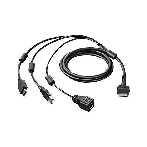 Schwarzes Kabel mit verschiedenen Steckern. Es ist ein USB-, ein proprietärer und ein Klinkenstecker zu sehen.