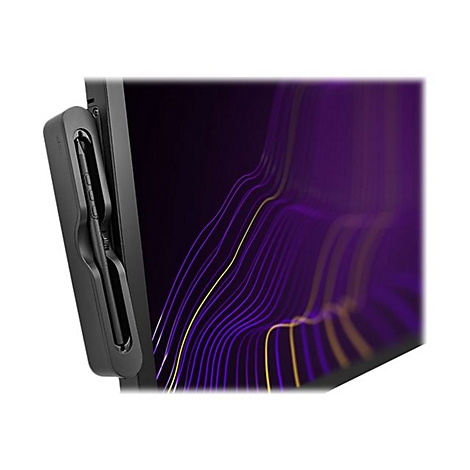 Ein schwarzer Stift in einer Halterung an einem Bildschirm. Der Bildschirm zeigt abstrakte, lila Linien.