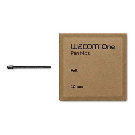 Schwarze Stiftspitze neben brauner Verpackung. Verpackung mit "WACOM One Pen Nibs", "Felt" und "10 pcs" beschriftet.