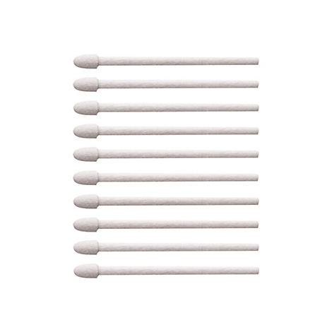 Eine Nahaufnahme von zehn weißen Stylus-Spitzen in vertikaler Anordnung vor weißem Hintergrund.