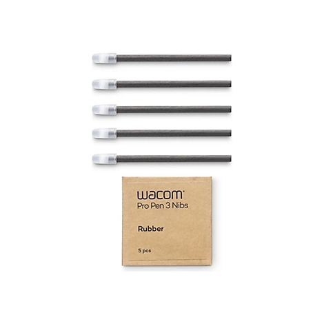 Fünf Stifte, mit weißen Schutzkappen, liegen neben einer braunen Kartonverpackung mit der Aufschrift "Wacom Pro Pen 3 Nibs, Rubber, 5 pcs".