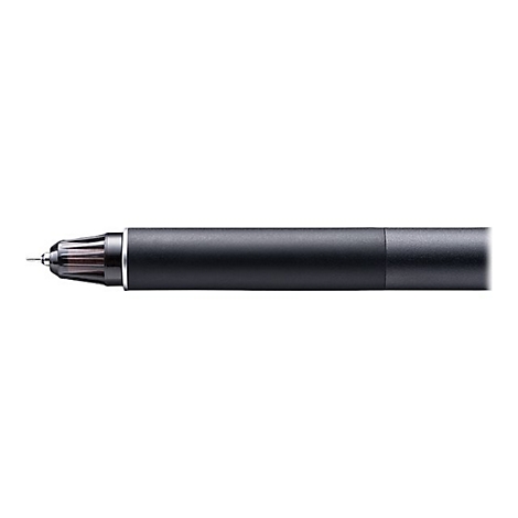 Schwarzer Stift, Nahaufnahme, Spitze mit feiner Nadel, silberner Ring, mattes Gehäuse.