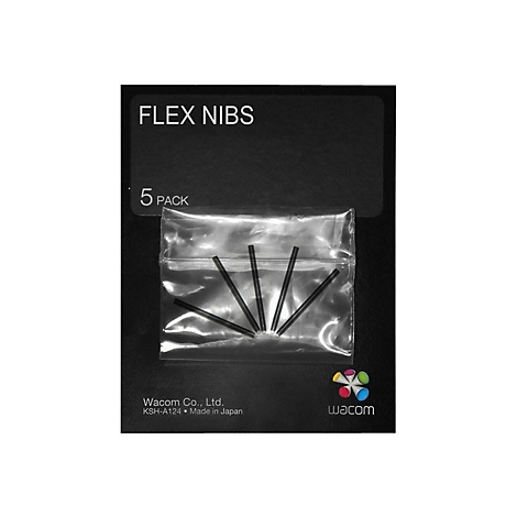 Verpackung mit fünf schwarzen Flex Nibs für Grafiktabletts, Produktname und Herstellerlogo sind sichtbar.