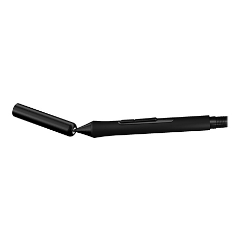 Ein schwarzer Stift, dessen Kappe abgenommen und zur Seite gelegt wurde.
