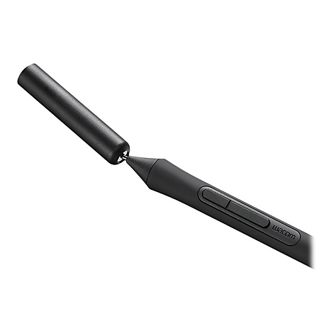 Schwarzer Wacom-Stift, abgewinkelt dargestellt. Am Stift befindet sich ein Knopf und der Schriftzug "Wacom".