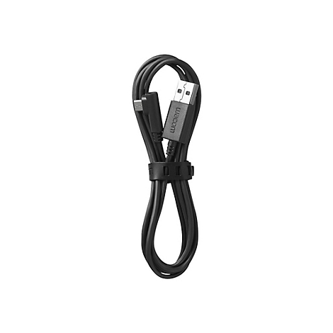 Schwarzes Wacom USB-Kabel mit USB- und USB-C-Anschlüssen. Kabel mit Kabelbinder fixiert.