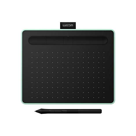 Grafiktablett Wacom Intuos mit Stift. Tablet schwarz mit hellgrünem Rahmen und Punkten. Stift ebenfalls schwarz. Wacom Logo.