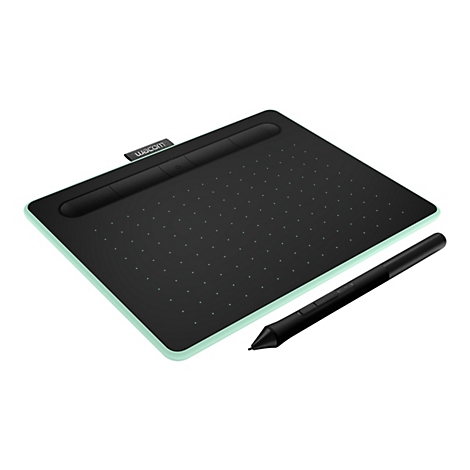 Grafiktablett von Wacom, schwarz mit türkisfarbenem Rahmen. Ein Stift liegt daneben.