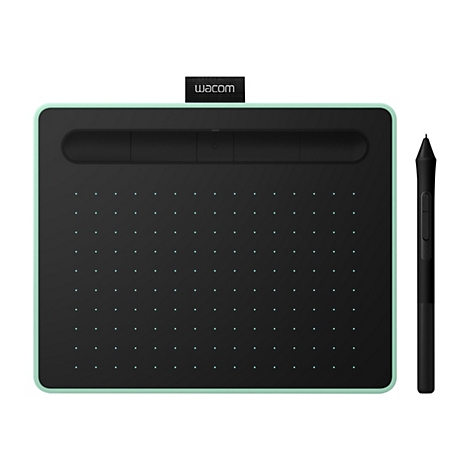 Grafiktablett Wacom mit Stift. Das Tablett hat eine mintfarbene Umrandung, schwarze Oberfläche mit Punkten und schwarze Bedienelemente. Der Stift ist schwarz.