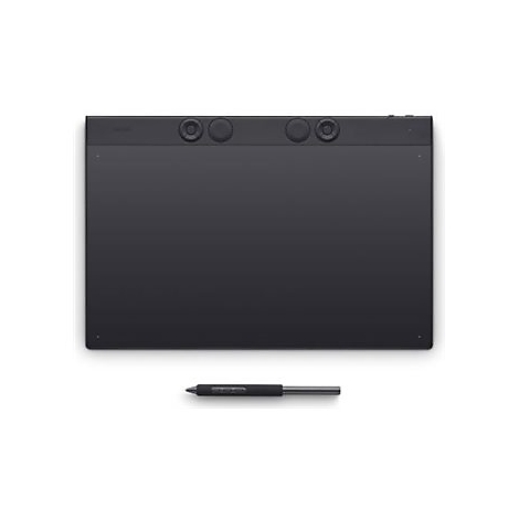 Grafiktablett und Stift in Schwarz, draufsicht. Das Tablet hat Tasten, der Stift ist angeschaltet.