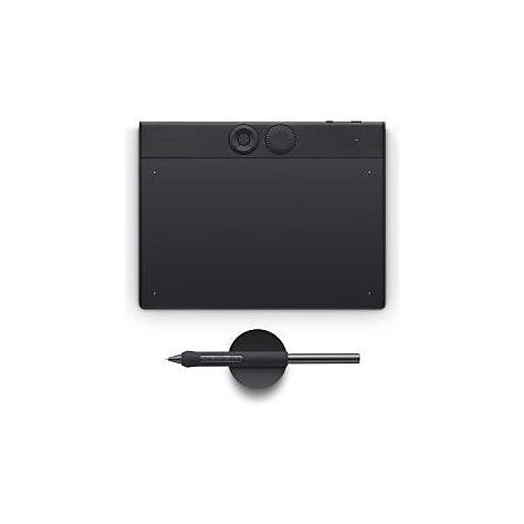 Schwarzes Grafiktablett mit Stift auf weißem Grund. Tablett mit Drehknöpfen und Stiftablage.