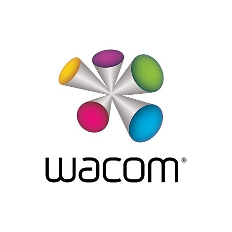 Wacom Logo mit farbigen Kreisen und darunter stehendem Schriftzug "Wacom".
