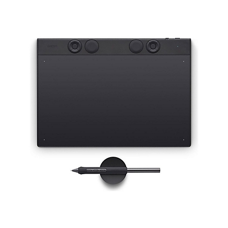 Schwarzes Grafiktablett mit Stift und Halterung, isoliert auf weißem Hintergrund.