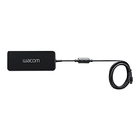 Schwarzes Wacom-Gerät mit Kabel und Stecker, auf weißem Grund. Auf dem Gerät steht "wacom".