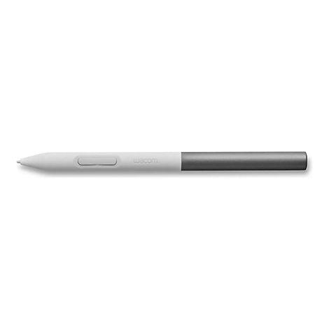 Wacom-Stift, hellgrau mit anthrazitfarbenem Griff, auf weißem Hintergrund.