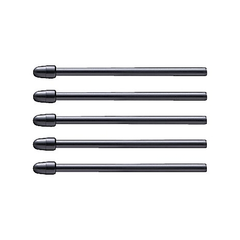 Fünf schwarze, stiftförmige Objekte liegen nebeneinander. Jedes hat eine abgerundete Spitze.