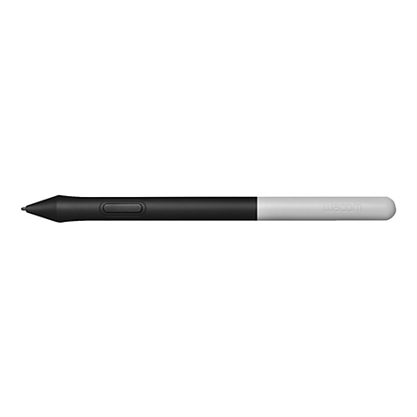 Ein schwarzer und grauer Wacom Stift, der auf einem weißen Hintergrund abgebildet ist.