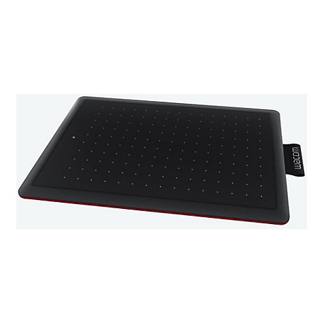 Schwarzes Grafiktablett mit roten Akzenten. Oben links und unten rechts das Wacom-Logo. Viele kleine Punkte auf der Oberfläche.
